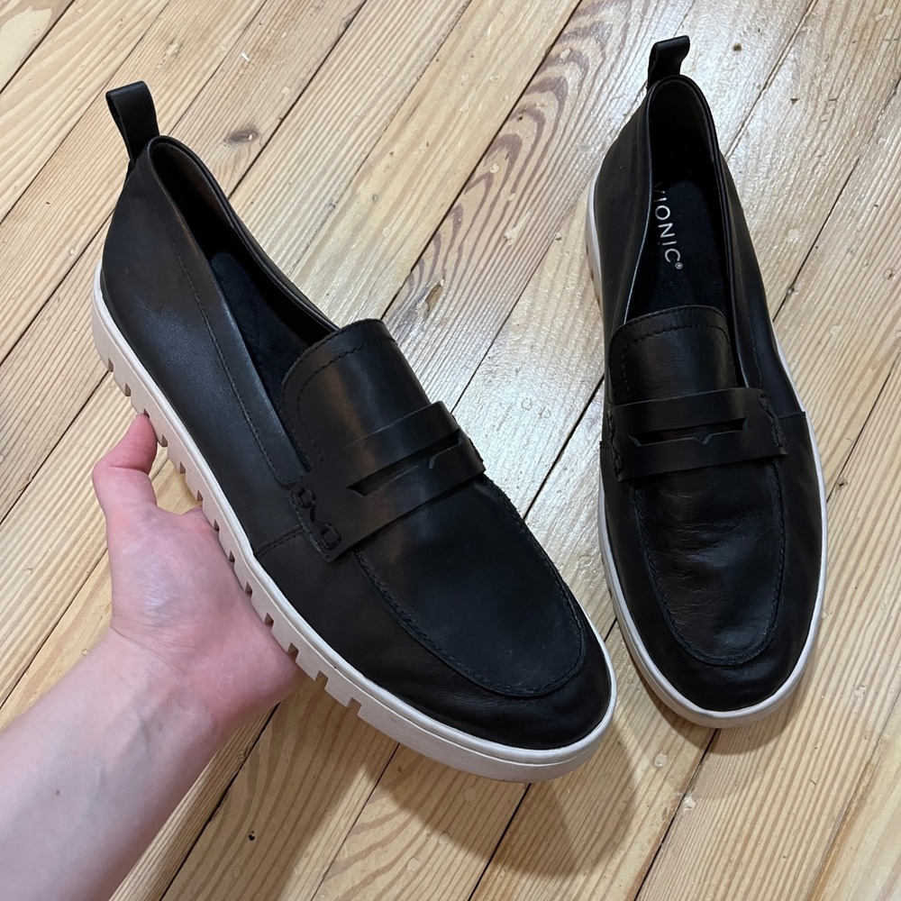 Vionic Uptown Loafer Women 12 Black Leather Penny Sneaker Hybrid Lug Sole preppy